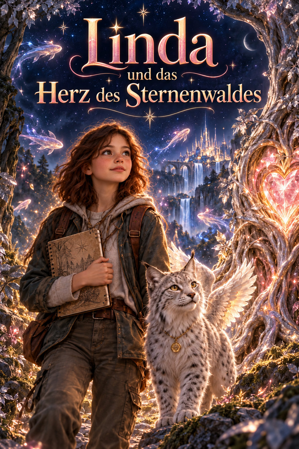 Copertina in tedesco del libro di Linda: una bambina immaginaria e una lince alata in un bosco stellato
