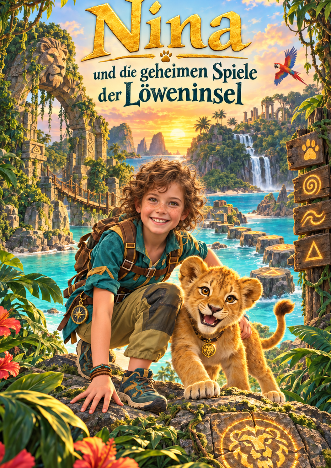 Copertina in tedesco del libro di Nina: una bambina immaginaria e un cucciolo di leone su un’isola tropicale